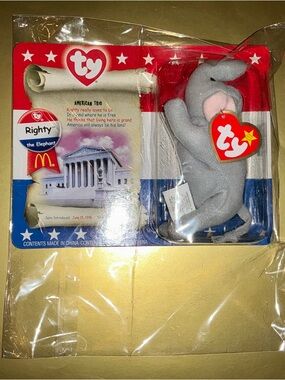Ty Righty the Elephant Beanie Baby - Gray with Pink Ear